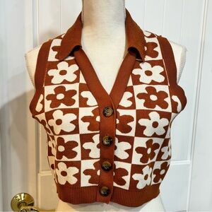 Flower Power Knit Sleeveless Cardigan Sweater Size L